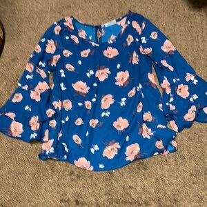 Blouse by Sienna Sky XS dark teal pink floral with bell style sleeves EUC